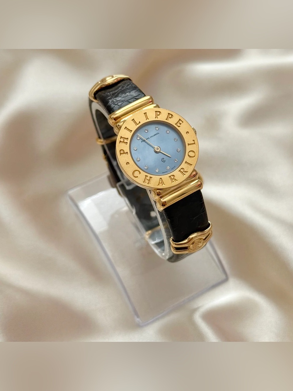 AUTHENTIC VINTAGE PHILIPPE CHARRIOL MOTHER-OF-PEARL BLACK LEATHER WATCH - Picture 4 of 8